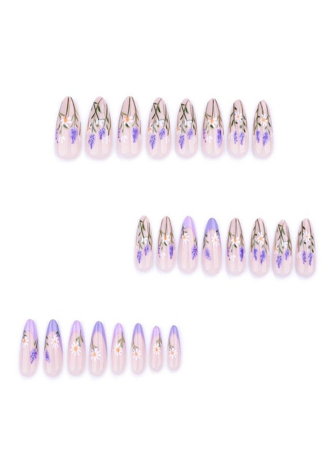 Foccna Press on Nails Acrylic Almond Medium Purple Fake Nails Flower Design Glossy False Nail Tips Artificial Nails Finger Manicure for Women and Girls 24pcs - Image 2
